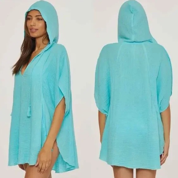 Trina Turk Serene Designer Hooded Resort Poncho Luxury Swim Cover Up Pockets S/M